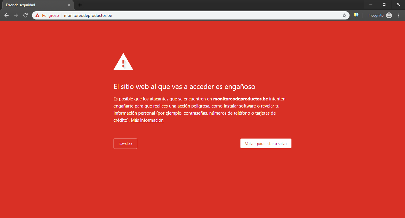 Phishing detectado por la navegación de Google